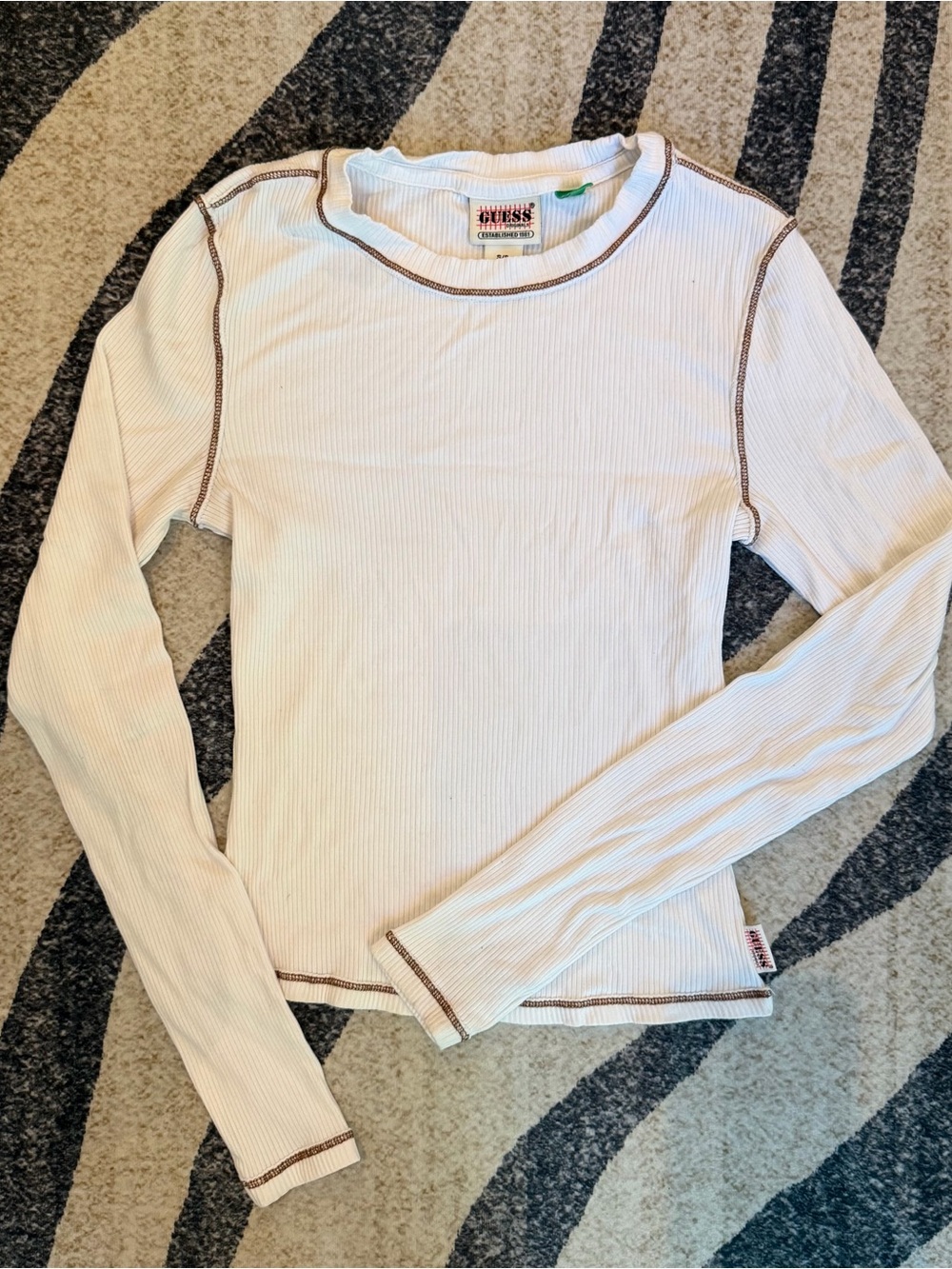 Women’s Vintage Guess Long Sleeve White Top Ribbed Small